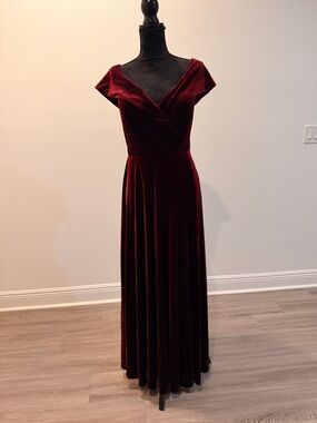 Xscape Burgundy Velvet Off-Shoulder Maxi Gown